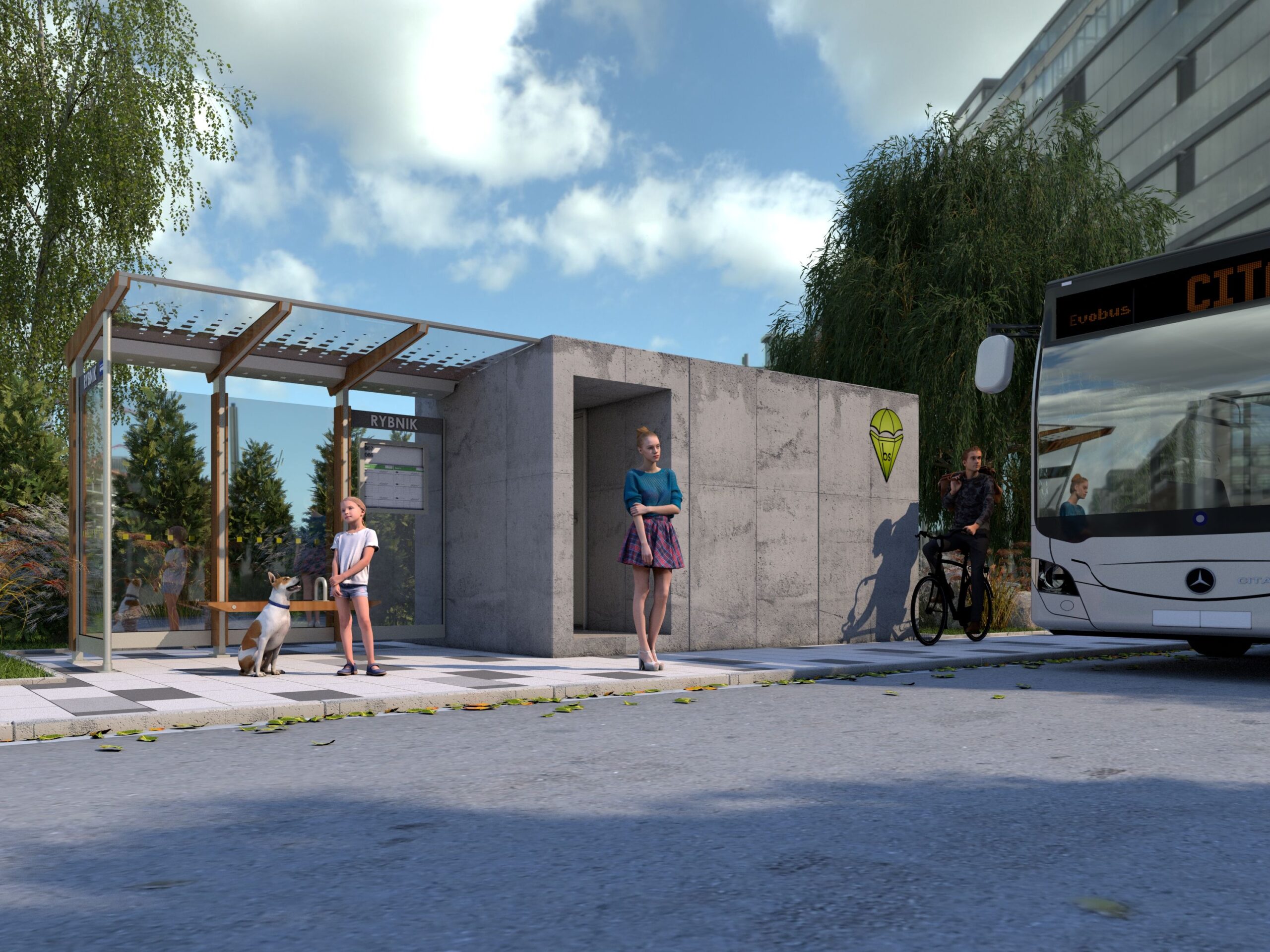 Miejsca Doraźnego Schronienia (MDS) przy przystanku komunikacji miejskiej – nowoczesny modułowy schron dla ludności cywilnej.