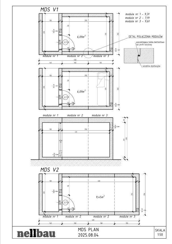 Projekt techniczny modułów Miejsca Doraźnego Schronienia (MDS) – schemat konstrukcji i połączeń elementów.